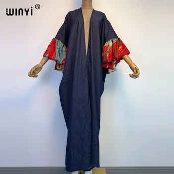 2022 ново Дамско елегантно Дълго, Свободно палто WINYI Africa, Дамско модно Джинсовое палто за Коледно парти, ръкав-балон, кимоно