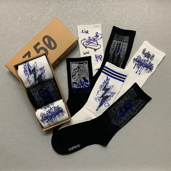 3 чифта/скоростна черно-бял графити чорапи подаръци памук Harajuku светкавица мода скейтборд хип-хоп Мъже, Жени чорапи с принтом