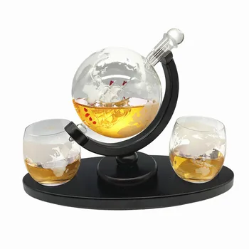 850 мл Бира, набор, Гарафа за уиски, Глобус, Определени с 2 Бокалами за уиски с гравирани географски глобус - за алкохол, бърбън, стъклени чаши за водка