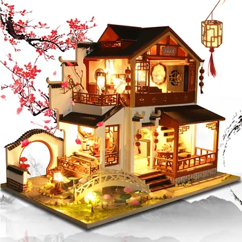 DIY Wooden Куклена Къща Китайската Градска Архитектура Куклени Къщи Миниатюри с Мебели, Играчки за Деца Приятел, Подарък За Рожден Ден
