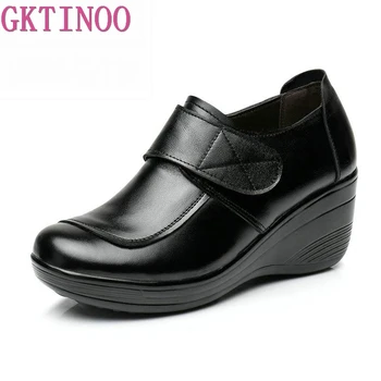 GKTINOO/дамски обувки на танкетке 2022 г.; сезон Пролет-есен, ежедневни дамски обувки на платформа и висок ток, без закопчалка с кръгло бомбе от естествена кожа