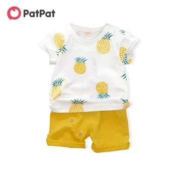 PatPat Комплект от 2 теми за малки момчета от 95% памук, тениски с къс ръкав и принтом ананас и Обикновена шорти