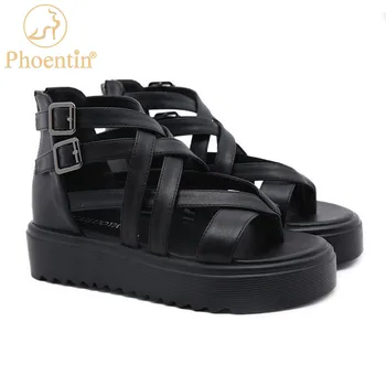 Phoentin/дамски сандали-чехли на платформа в Римски стил; колекция 2021 г.; Нови Летни Сандали с превръзка; Ежедневни обувки с цип на среден ток в черен цвят; FT1472