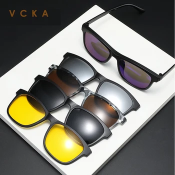 VCKA 6 В 1 Мъжки и Дамски Поляризирани Квадратни Оптични Магнитни Слънчеви очила с Клипс за Магнит, Рамки за Очила от Късогледство по Рецепта на Поръчка