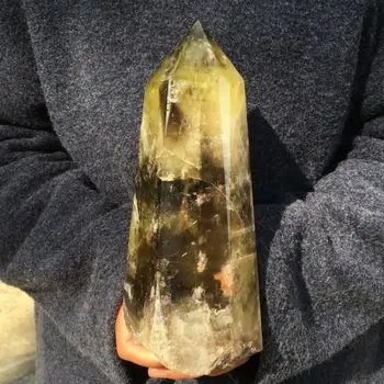 Голям Естествен Цитрин Кварцов Обелиск Crystal Пръчка Точков Исцеляющий Рейки 1000-1100 г