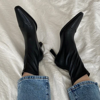 Дамски къси ботуши с остри пръсти, есен-зима 2022, чубрица черен ботильоны на висок ток, женски ботильоны от мека изкуствена кожа, обувки