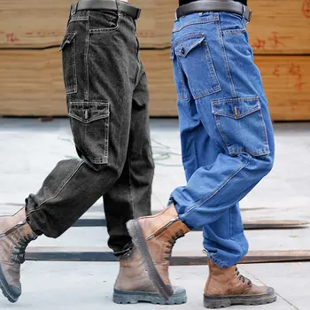 Дънки за Мъже Работни Панталони Износоустойчиви Противооскаляющие Свободни Заваръчни Работни Тела С множество джобове Авторемонтные Работни Застрахователни Панталони