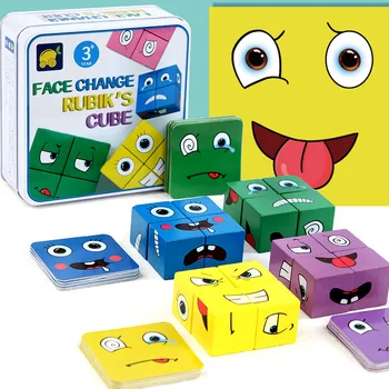 Дървен Куб с променящите се Лице, Играчки, Строителни Блокове за Карикатура, Пъзел, Пъзел игра, Монтесори, е Детска Играчка, която разработва Игра, Семейни Играчки