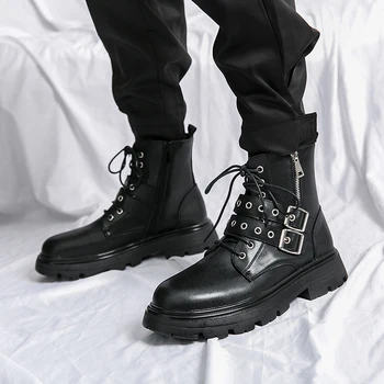 Есенно-зимни Висококачествени черни Ботуши за мотоциклет, мъжки Модни защитни обувки на платформа, мъжки кожени обувки с висок берцем, мъжки botas hombre