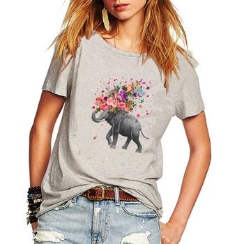 Женска Тениска със Забавна Принтом под формата на цветя на слон, Лятно Ново Записване, тениска размер плюс, Модни универсална Тениска с Къс Ръкав, Потници