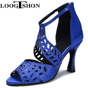 Женски обувки за латино танци балната зала Loogtshon, сини обувки за латино танци Rhineston, Копринени обувки за Салса-танцови обувки