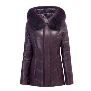 Зимно кожено яке Дамско Палто на средна и в напреднала възраст, Голям Размер 6XL, Голям кожа яка, Пуховое Памучно Кожени Палта, Паркове W54