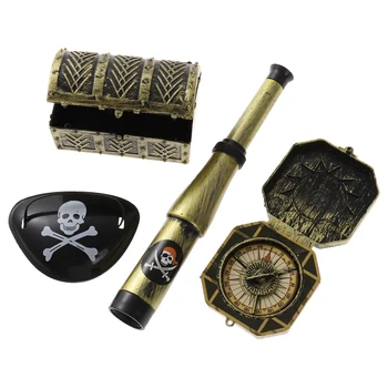 Карибски пирати Капитан Cosplay Детска Pirate Превръзка на Очите Череп Телескоп с Компас Съкровище Кутия за Тематични Партита за Хелоуин