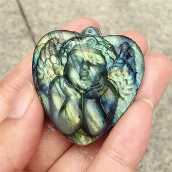 Красива кристален резба натурален лабрадорит ръчно изработени Купидон Ангел детско сърце от камък колие бижута, подаръци, резбовани орнаменти