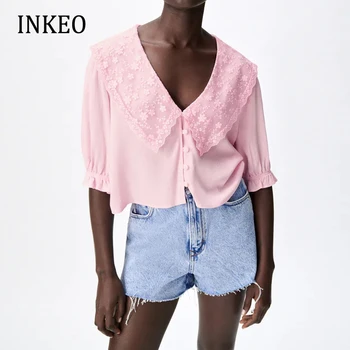 Лятна Дамска блуза с бродерия и отложным яка, Розова 2022, Нова Мода Лейси риза с пищни ръкави, Дамски блузи копчета INKEO 2T115