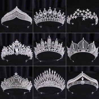 Мода Сребърен Цвят Короната Шапки На Булката Crown Сватбени Аксесоари За Коса Луксозен Crystal Принцеса Диадема Диадема Украса За Коса