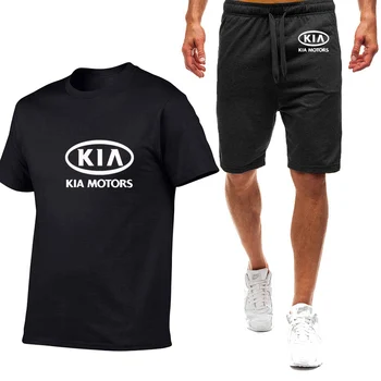 Новият годишен мъжки Комплект тениски с логото на Kia Motors, Комплекти за спортни облекла от 2 теми, Костюми за фитнес с Къс ръкав + шорти, Памук топ с кръгло деколте