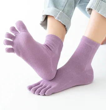 Обикновена Памучни Чорапи С Пет Пръста, Сиви Черни Чорапи Със Средна Тръба, Дамски Чорапи, Есенно-Зимни Дишащи топли Чорапи с Пет Пръста