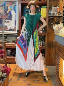 Плиссированное рокля Miyake за Жени 2022, Лятно и Свободно Рокля на Големи Размери със Средна Дължина, с Модерен Принтом, страхотна Рокля-люлка, Зелена Рокля Willon