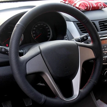 Покриване На Волана Колата Е Устойчива На Плъзгане Черна Кожена Плитка Автоаксесоари За Hyundai Solaris Verna I20 Accent Авто Интериор