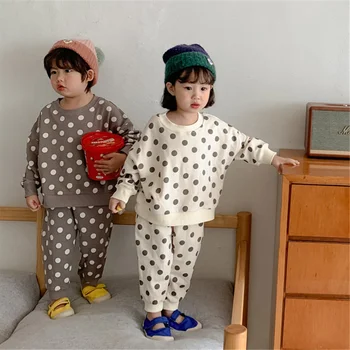 Пролетно-есенен детски комплект унисекс дрехи на точки, сладък спортен костюм от 2 теми за момчета и момичета, памучни свободни съоръжения