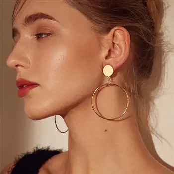 Прости модни златни посребрени геометрични големи кръгли обеци-клипове за жени, модни големи кухи обеци-клипове за уши, бижута
