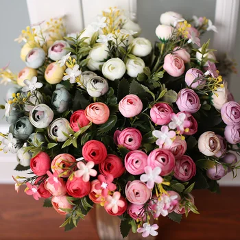 Реколта Копринени Цветя, Ретро Чаени Рози от Изкуствени Цветя, Букет за Сватбена Декорация
