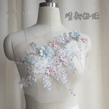 розово, лилаво, светло синьо сиво Пайети 3D Гипюр Бродерия Апликация на Африкански Дантела Тюл Плат за Шиене на дрехи облекло