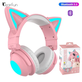 Сладък Безжични Слушалки Bluetooth RGB За Момичета, Подарък Слушалки за Деца, Стерео с Микрофон, Контрол на Музиката, лампа, Котешки Уши, Слот за Слушалки