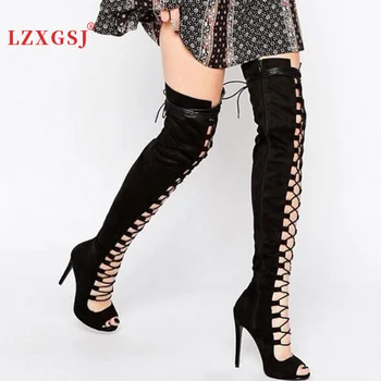 Черни Пикантни ботуши над коляното, дамски Летни Дълги ботуши на тънък висок ток с цип, дамски Модни обувки, дамски ботуши до бедрото, с отворени пръсти