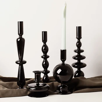 Черно романтична свещник Скандинавски начало декор Стъклен Свещник и свещници Бар украса на масата portavelas сватбена централно украса