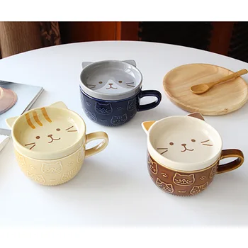 Японската Керамична Чаша за Кафе, Млечни Чаша с Капак, Чинийка Карикатура Детско Мляко на Закуска Сладък Котка Чаша Творчески Подаръци Личностни Чаши