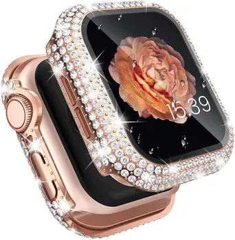 Корпус часовник с диаманти от вграден закалено стъкло за Apple Watch 38 мм 40 мм 42 мм 44 мм 41/45 мм за iWatch Series 7 6 SE 5 4 3 2 1 Капак